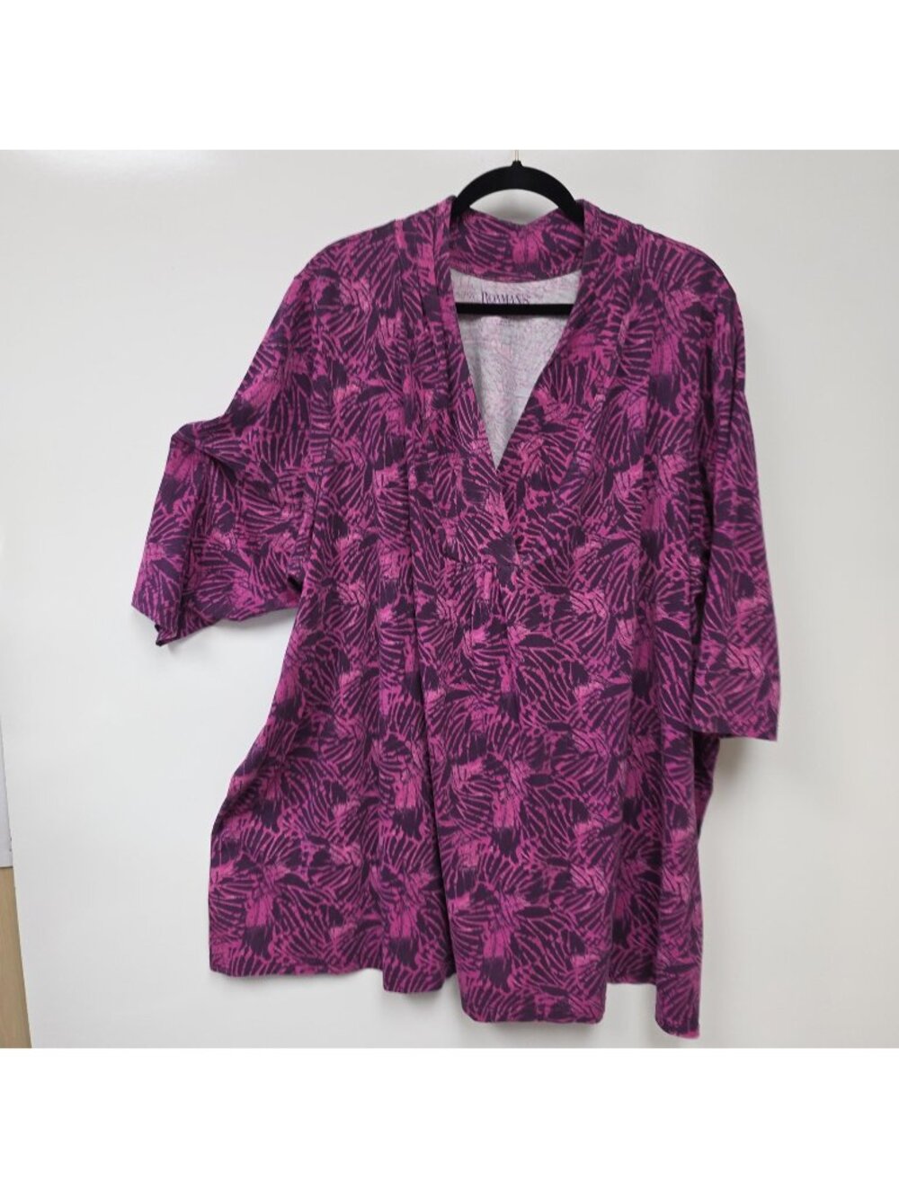 Roamans Shirt Womens 4X Pink Floral V Neck 3/4 Sleeve Cotton Tunic Top Plus
